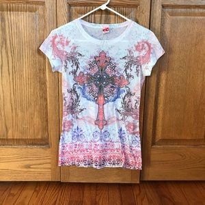 Small short sleeve shirt with bling on front.